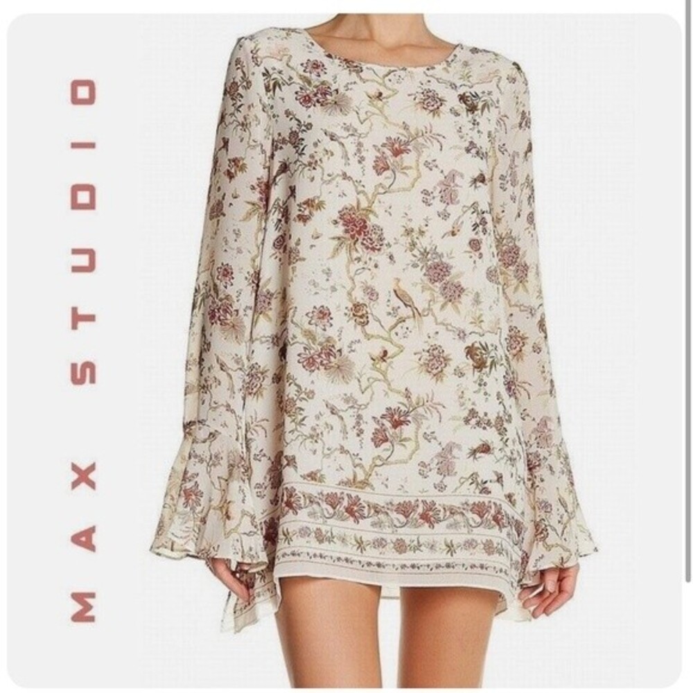 Max Studio Bohemian Bell Sleeve Floral Bird Tunic Top Large